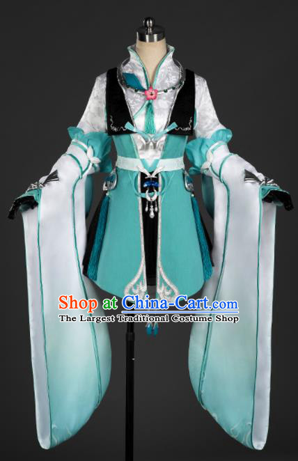 Chinese Ancient Cosplay Fairy Princess Green Short Dress Traditional Hanfu Female Knight Swordsman Costume for Women