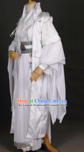 Chinese Ancient Drama Cosplay Prince Young Knight White Clothing Traditional Hanfu Swordsman Costume for Men