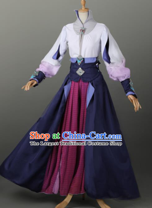 Chinese Ancient Cosplay Court Lady Navy Dress Traditional Hanfu Swordsman Costume for Women