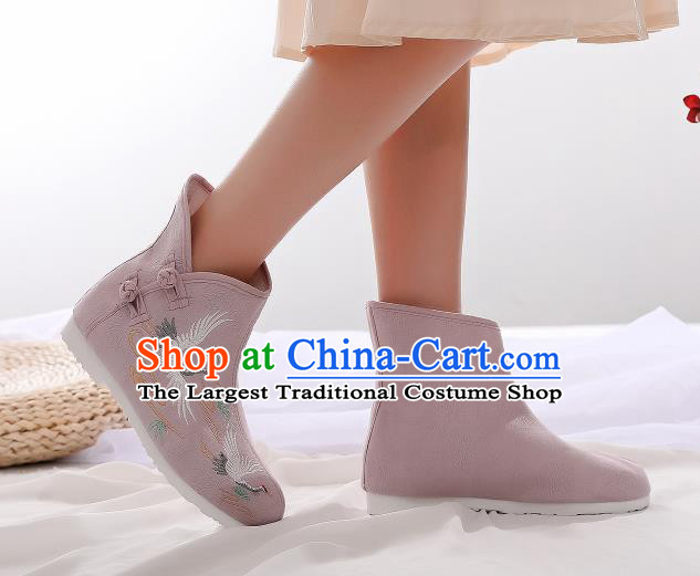Asian Chinese Traditional Embroidered Crane Pink Boots Hanfu Shoes National Cloth Shoes for Women