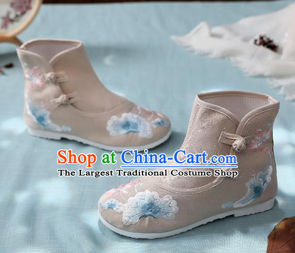 Asian Chinese Traditional Embroidered Lotus Leaf Khaki Boots Hanfu Shoes National Cloth Shoes for Women