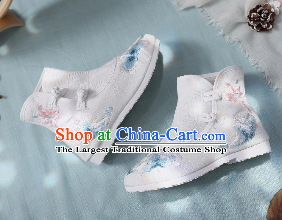 Asian Chinese Traditional Embroidered Lotus Leaf White Boots Hanfu Shoes National Cloth Shoes for Women