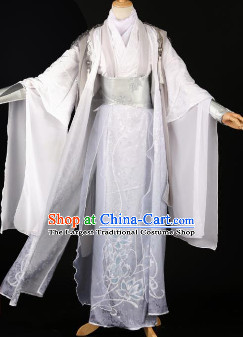 Chinese Ancient Drama Cosplay Royal Prince Knight White Clothing Traditional Hanfu Swordsman Costume for Men