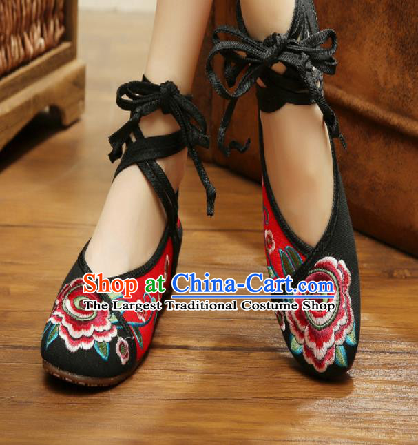 Asian Chinese Traditional Red Embroidered Peony Shoes Hanfu Wedding Shoes Ethnic National Cloth Shoes for Women