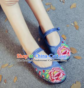 Asian Chinese Traditional Ethnic Blue Embroidered Shoes Hanfu Wedding Shoes National Cloth Shoes for Women