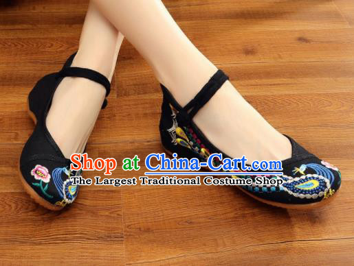 Asian Chinese Traditional Dance Embroidered Peacock Black Shoes Hanfu Wedding Shoes National Cloth Shoes for Women