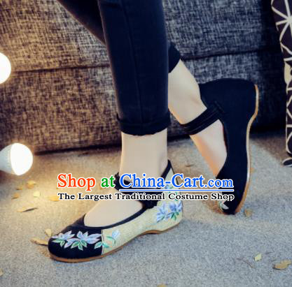 Asian Chinese Traditional Dance Black Embroidered Shoes Hanfu Wedding Shoes National Cloth Shoes for Women