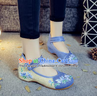 Asian Chinese Traditional Dance Blue Embroidered Shoes Hanfu Wedding Shoes National Cloth Shoes for Women