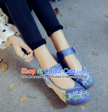 Asian Chinese Traditional Dance Blue Embroidered Shoes Hanfu Wedding Shoes National Cloth Shoes for Women
