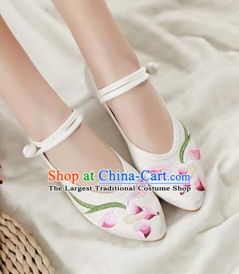 Asian Chinese Traditional Dance Embroidered Lotus White Shoes Hanfu Wedding Shoes National Cloth Shoes for Women