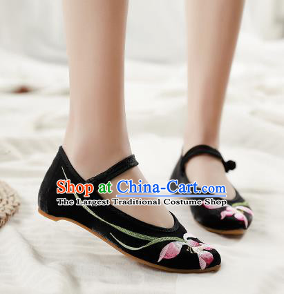 Asian Chinese Traditional Dance Embroidered Lotus Black Shoes Hanfu Wedding Shoes National Cloth Shoes for Women