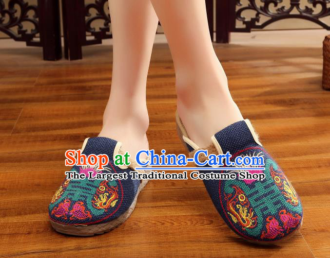 Asian Chinese Dance Navy Embroidered Shoes Traditional Hanfu Shoes National Cloth Shoes for Women