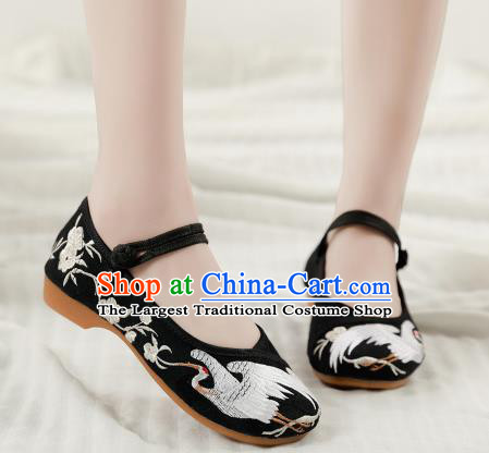 Asian Chinese Classical Dance Embroidered Crane Black Shoes Traditional Hanfu Shoes National Cloth Shoes for Women