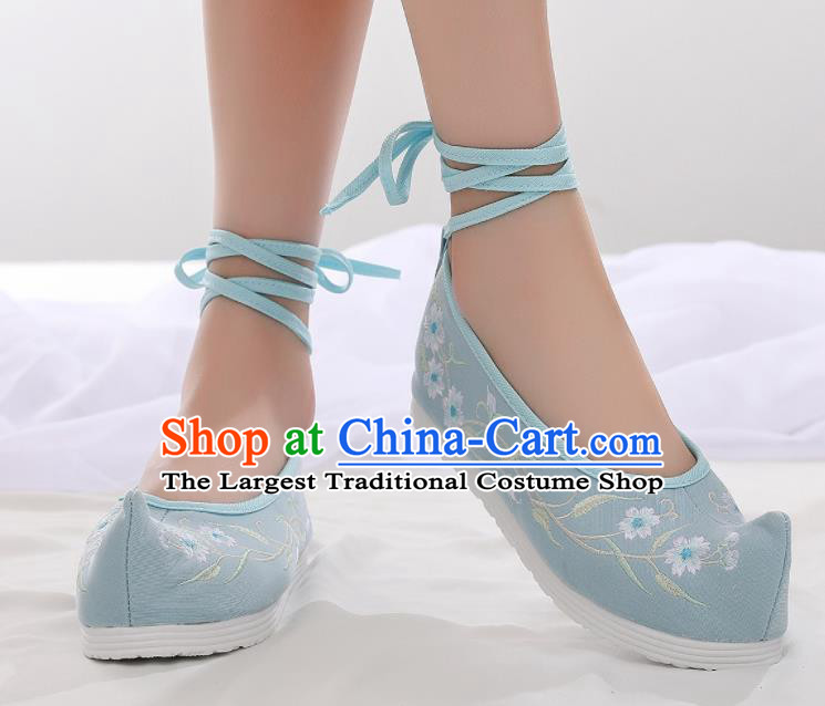 Asian Chinese Traditional Embroidered Frangipani Light Blue Shoes Hanfu Shoes National Cloth Shoes for Women