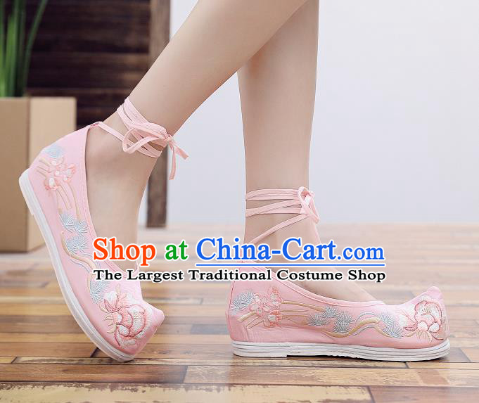 Asian Chinese National Pink Embroidered Peony Shoes Dance Cloth Shoes Traditional Hanfu Shoes for Women