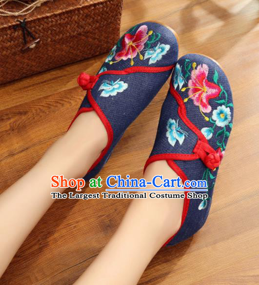 Asian Chinese National Embroidered Petunia Navy Shoes Dance Cloth Shoes Traditional Hanfu Shoes for Women