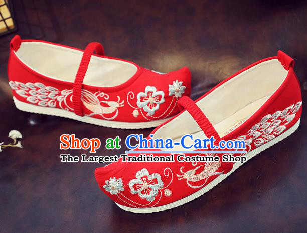 Asian Chinese Traditional Embroidered Peacock Red Shoes Hanfu Shoes National Cloth Shoes for Kids