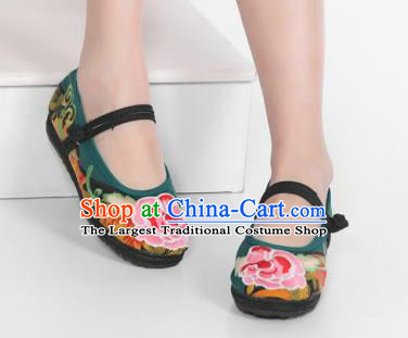 Asian Chinese National Embroidered Peony Green Cloth Shoes Classical Dance Shoes Traditional Hanfu Shoes for Women