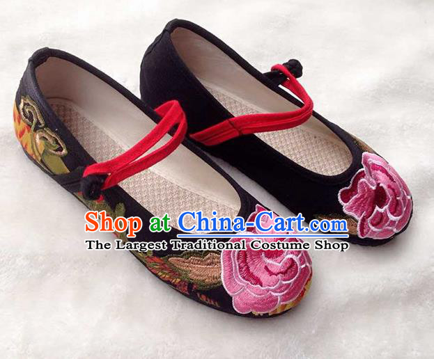 Asian Chinese National Embroidered Peony Black Cloth Shoes Classical Dance Shoes Traditional Hanfu Shoes for Women