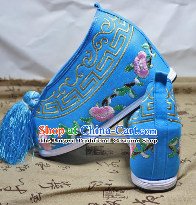 Asian Chinese Traditional Beijing Opera Blue Embroidered Shoes Ancient Princess Shoes Hanfu Shoes for Women