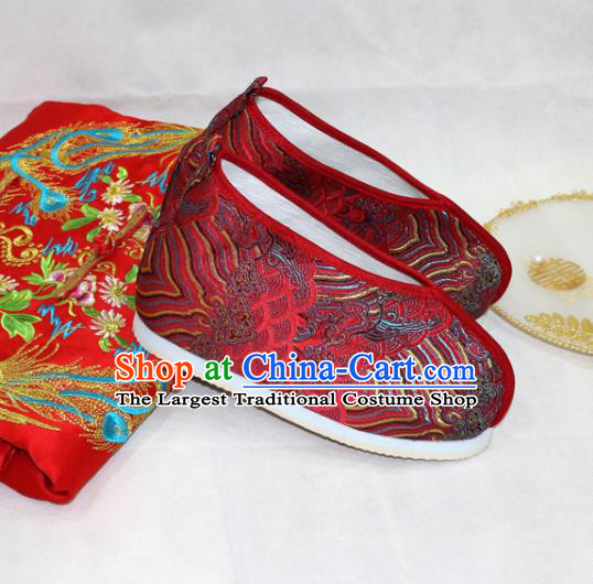 Asian Chinese Traditional Purplish Red Blood Stained Shoes Ancient Princess Wedding Shoes Hanfu Shoes for Women