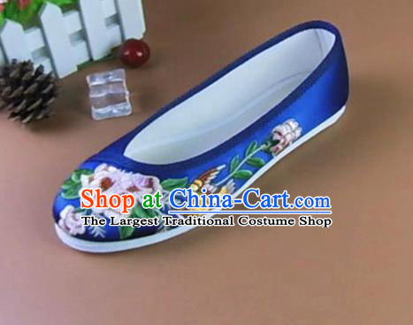 Asian Chinese National Embroidered Peony Royalblue Shoes Ancient Princess Satin Shoes Traditional Hanfu Shoes for Women