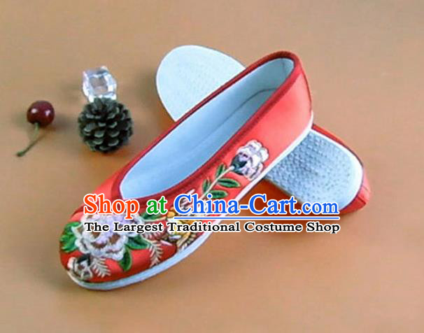 Asian Chinese National Embroidered Peony Red Shoes Ancient Princess Satin Shoes Traditional Hanfu Shoes for Women