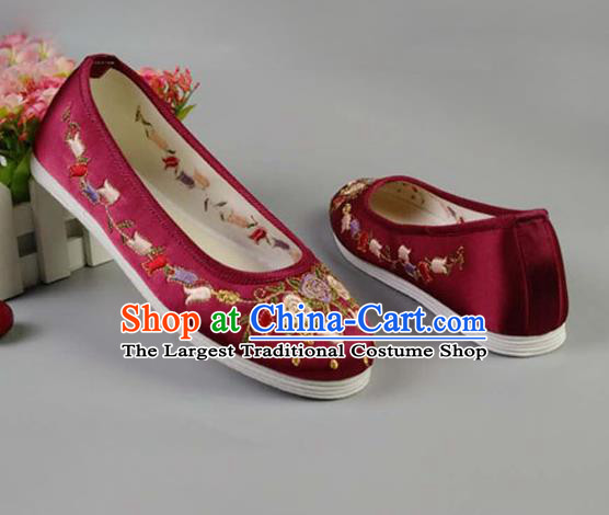 Asian Chinese Traditional Wine Red Satin Shoes Ancient Princess Embroidered Shoes Hanfu Shoes for Women