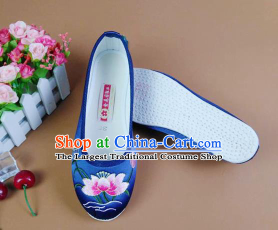 Asian Chinese National Embroidered Lotus Blue Shoes Ancient Princess Satin Shoes Traditional Hanfu Shoes for Women