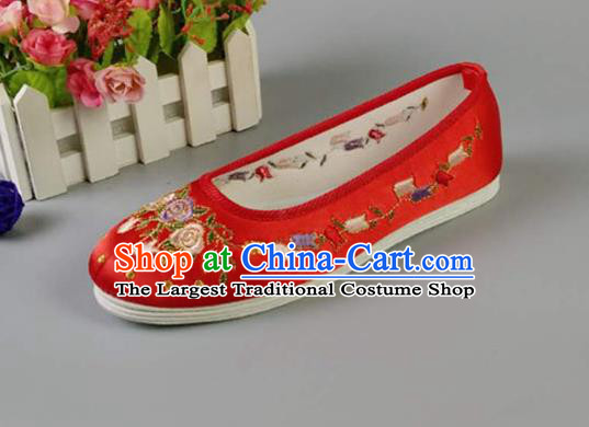 Asian Chinese Traditional Red Satin Shoes Ancient Princess Embroidered Shoes Hanfu Shoes for Women
