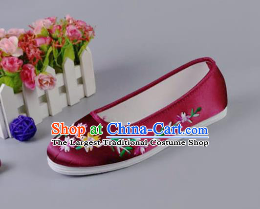 Asian Chinese National Wine Red Satin Shoes Ancient Princess Embroidered Shoes Traditional Hanfu Shoes for Women