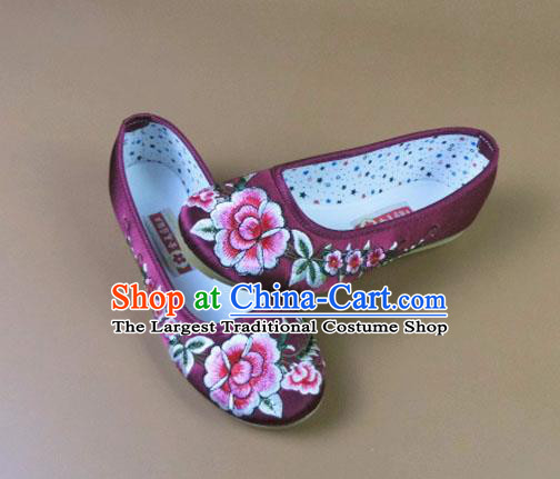 Asian Chinese National Purple Embroidered Peony Shoes Ancient Princess Satin Shoes Traditional Hanfu Shoes for Women