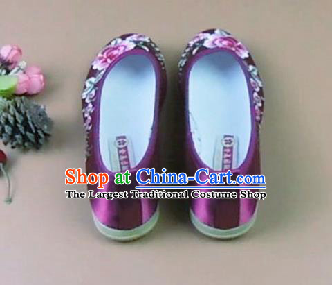 Asian Chinese National Purple Embroidered Peony Shoes Ancient Princess Satin Shoes Traditional Hanfu Shoes for Women