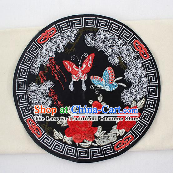 Chinese Ancient Handmade Embroidered Butterfly Peony Black Patch Traditional Embroidery Appliqu Craft for Women