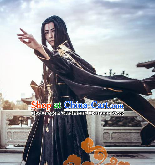 Custom Chinese Ancient Cosplay Taoist Priest Swordsman Black Clothing Traditional Royal Highness Costume for Men