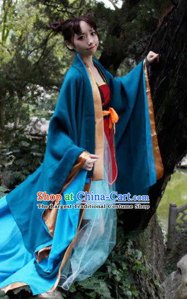 Chinese Traditional Cosplay Imperial Consort Fairy Princess Blue Dress Custom Ancient Swordswoman Costume for Women