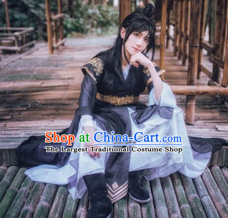 Chinese Ancient Cosplay Young Knight Swordsman Black Clothing Custom Traditional Nobility Childe Costume fro Men