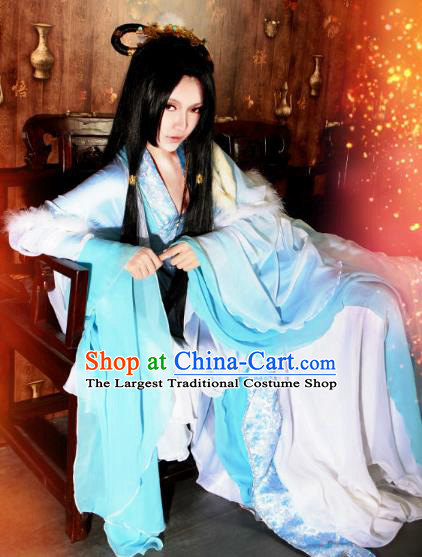 Traditional Chinese Cosplay Court Imperial Consort Blue Dress Ancient Fairy Swordswoman Costume for Women