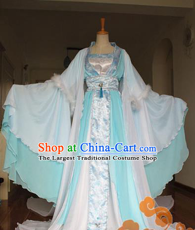 Traditional Chinese Cosplay Court Imperial Consort Blue Dress Ancient Fairy Swordswoman Costume for Women