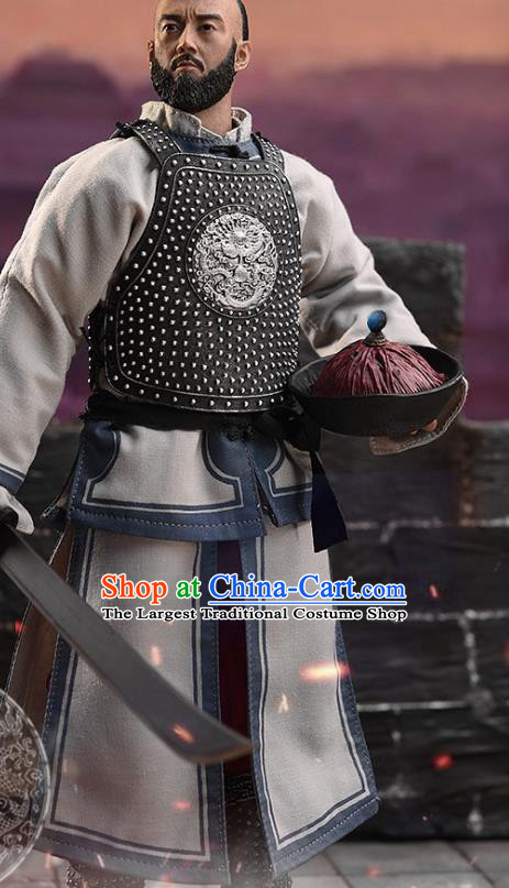 Chinese Ancient Soldier Armor and Helmet Traditional Qing Dynasty Imperial Bodyguard Costumes Complete Set for Men