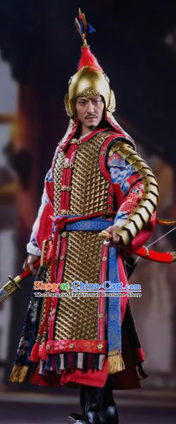 Chinese Ancient General Red Armor and Helmet Traditional Han Dynasty Military Officer Costumes Complete Set for Men