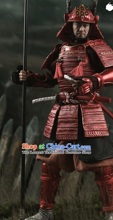 Japanese Ancient Warrior General Red Armor and Helmet Traditional Asian Japan Samurai Costumes Complete Set for Men