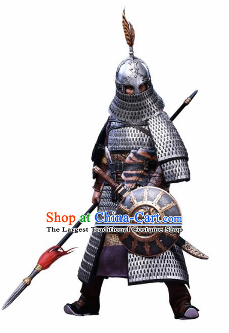 Chinese Ancient Cosplay General Argent Armor and Helmet Traditional Yuan Dynasty Military Officer Costumes Complete Set for Men