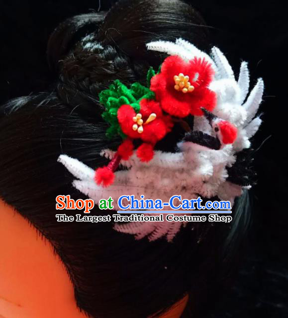 Chinese Ancient Qing Dynasty Court Velvet Crane Hairpins Traditional Hanfu Handmade Hair Accessories for Women