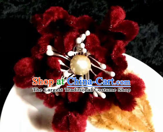 Handmade Chinese Ancient Qing Dynasty Wine Red Velvet Chrysanthemum Hairpins Traditional Court Hanfu Hair Accessories for Women