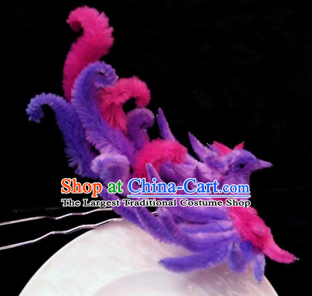 Handmade Chinese Ancient Qing Dynasty Purple Velvet Phoenix Hairpins Traditional Court Hanfu Hair Accessories for Women