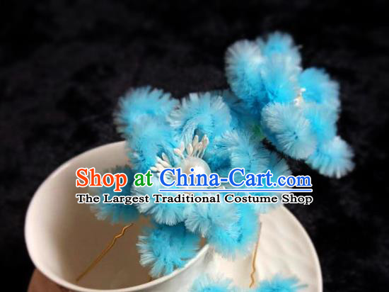Handmade Chinese Ancient Qing Dynasty Blue Velvet Hibiscus Hairpins Traditional Court Hanfu Hair Accessories for Women
