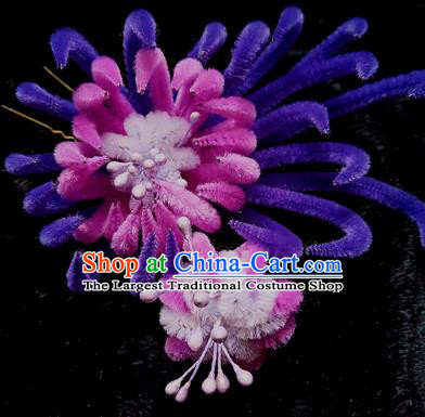 Chinese Ancient Qing Dynasty Purple Velvet Chrysanthemum Hairpins Traditional Court Hanfu Hair Accessories for Women