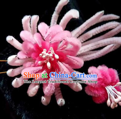 Chinese Ancient Qing Dynasty Pink Velvet Chrysanthemum Hairpins Traditional Court Hanfu Hair Accessories for Women