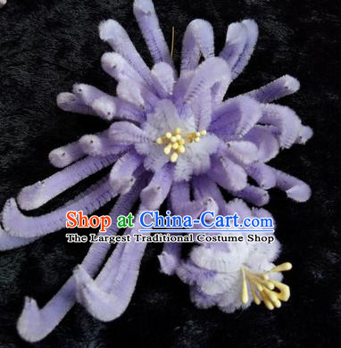 Chinese Handmade Qing Dynasty Lilac Velvet Chrysanthemum Hairpins Traditional Ancient Court Hanfu Hair Accessories for Women